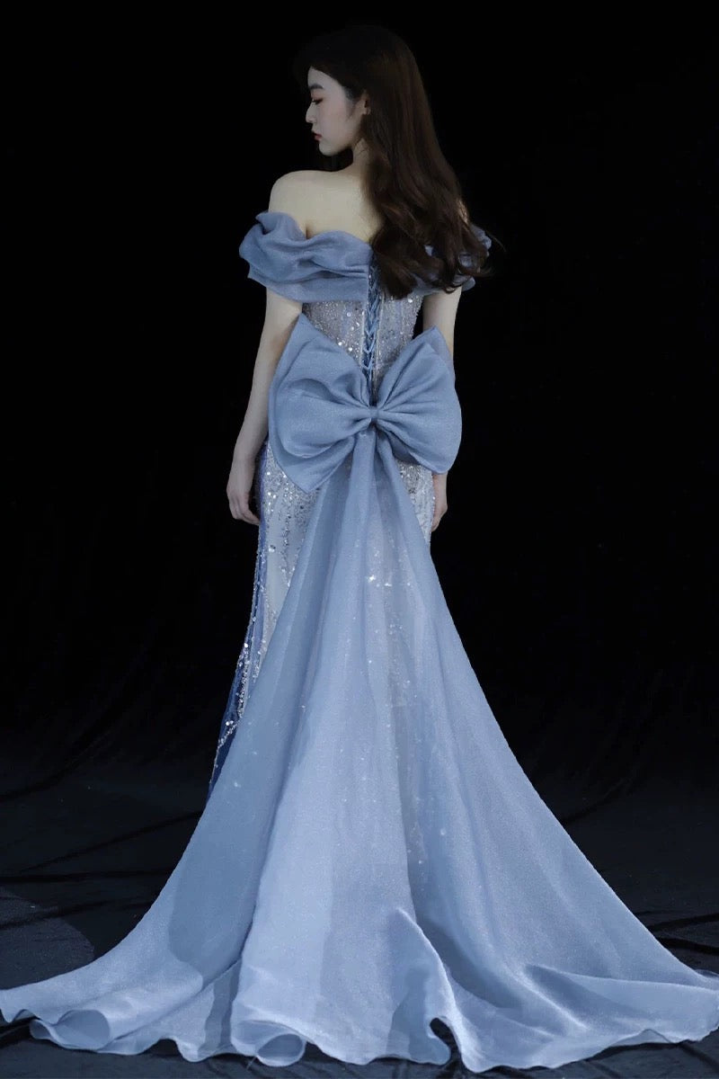 Elegant Mermaid Off The Shoulder Blue Short Sleeves Sequin Evening Dress Long Prom Dresses