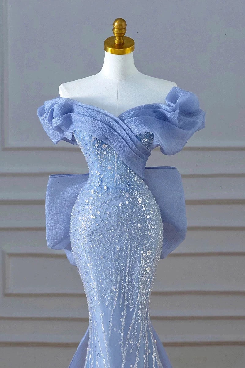 Elegant Mermaid Off The Shoulder Blue Short Sleeves Sequin Evening Dress Long Prom Dresses