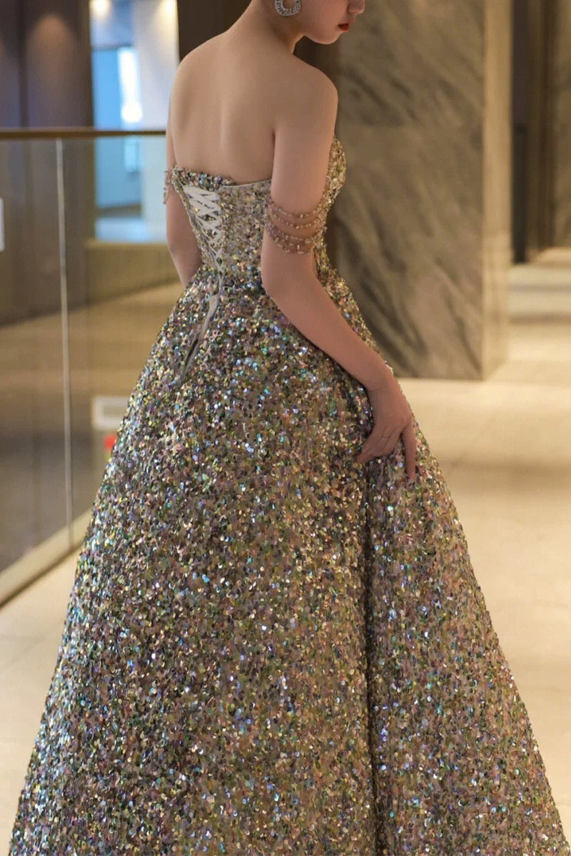 Gorgeous Ball Gown Straps Sequin Silver Long Evening Dress Prom Dresses Birthday Outfits