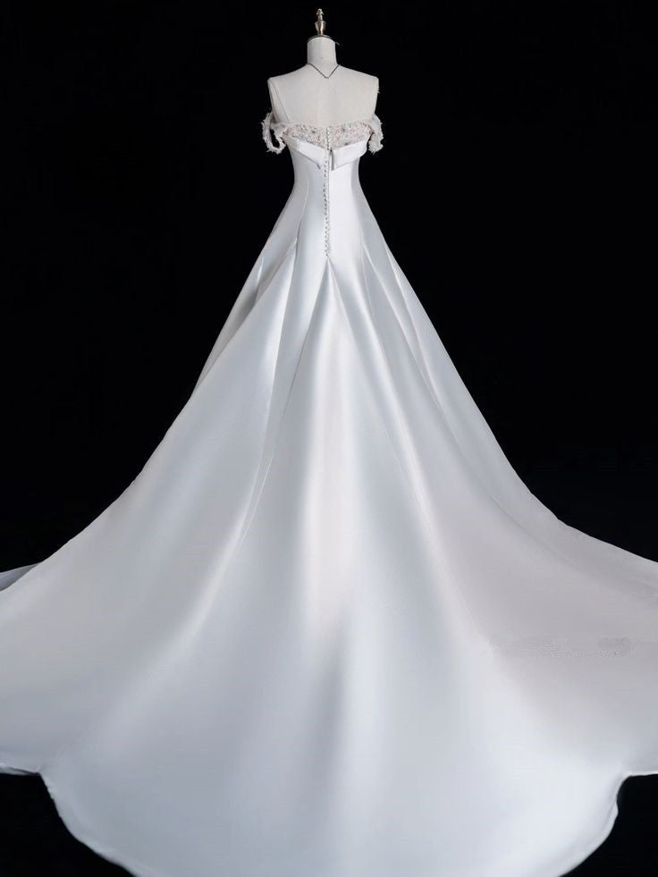 Elegant A line Off The Shoulder Satin Pearls Long White Wedding Dresses