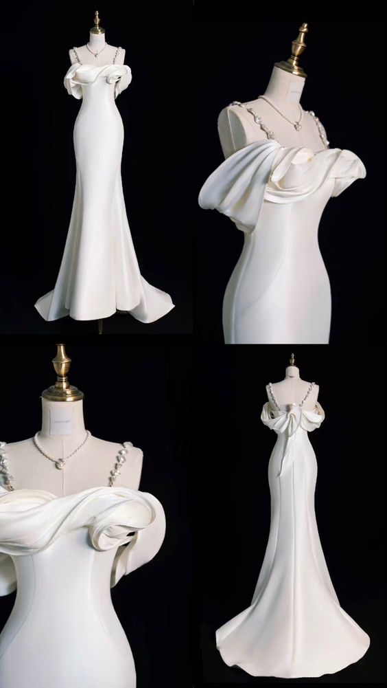 Elegant Mermaid Off The Shoulder Satin Pearls Long White Wedding Dresses