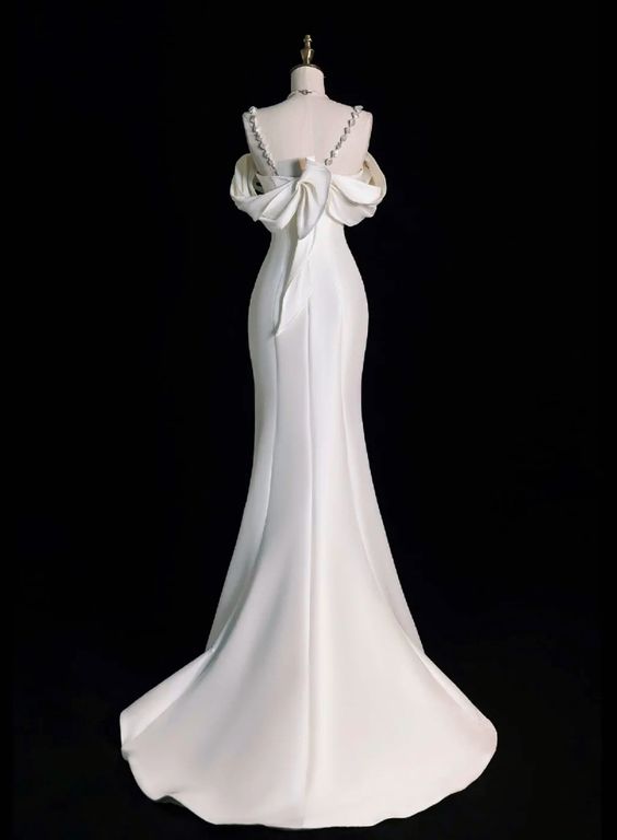 Elegant Mermaid Off The Shoulder Satin Pearls Long White Wedding Dresses