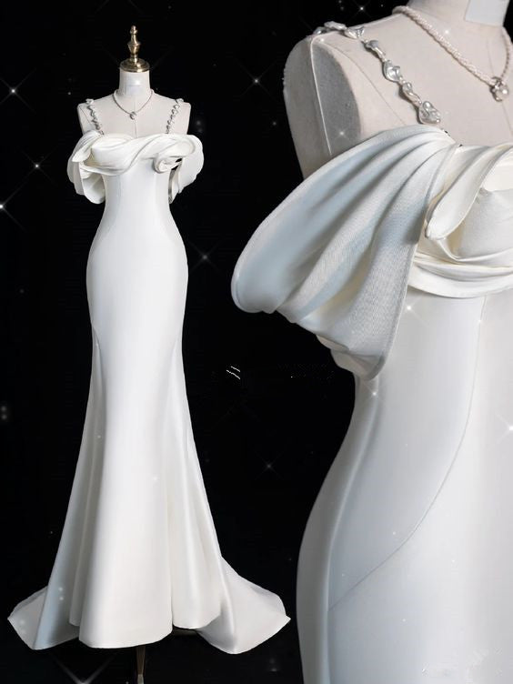 Elegant Mermaid Off The Shoulder Satin Pearls Long White Wedding Dresses