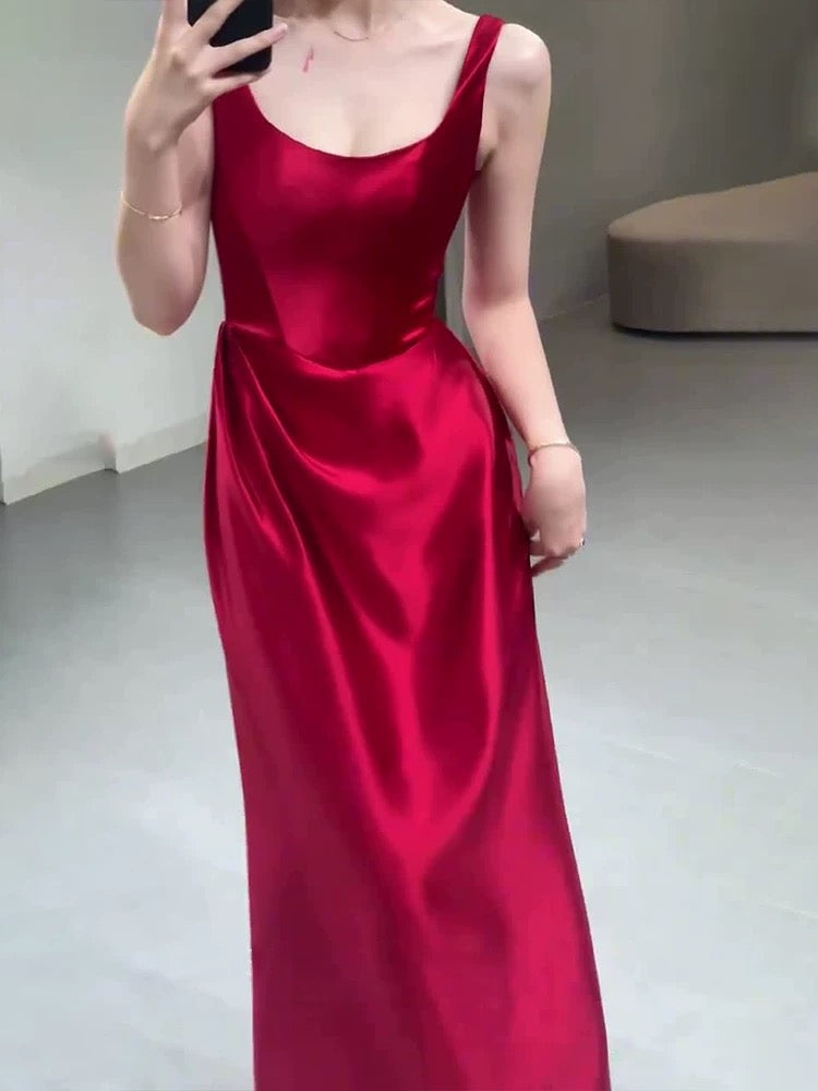 Pretty A line Straps Red Satin Long Floor Length Prom Dresses