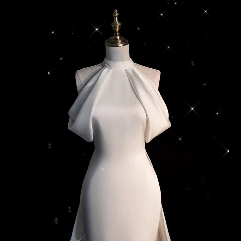 Chic Sheath High neckline Sleeveless Ivory Satin Long Wedding Dresses With Train