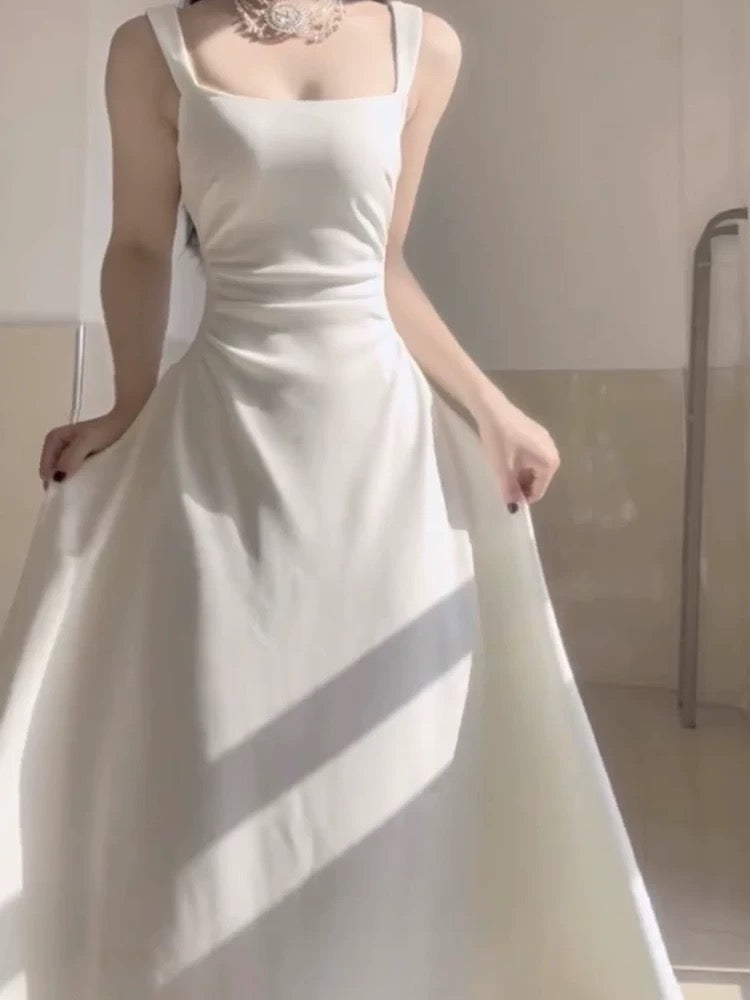 Simple A line Square Satin White Sleeveless Prom Dresses Birthday Party Dress