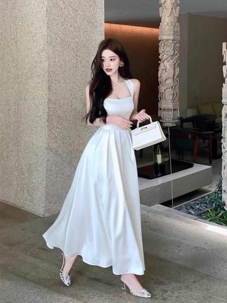 Vintage A Line Square Neckline White Satin Evening Dress Prom Dresses