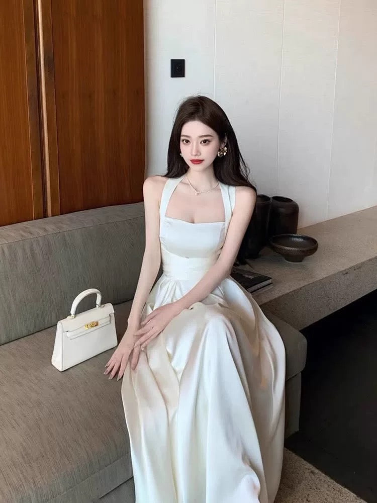 Vintage A Line Square Neckline White Satin Evening Dress Prom Dresses