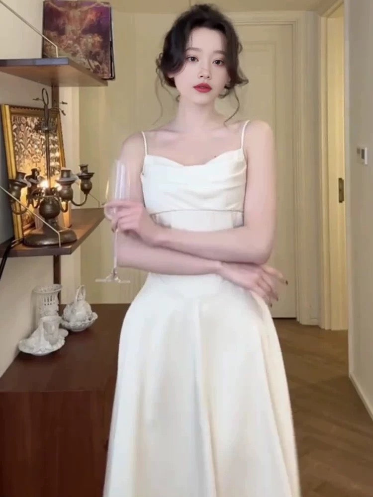 Elegant A Line Spaghetti Straps White Satin Prom Dress Birthday Outfits