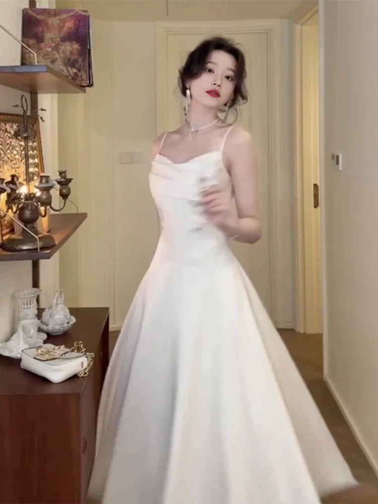 Elegant A Line Spaghetti Straps White Satin Prom Dress Birthday Outfits