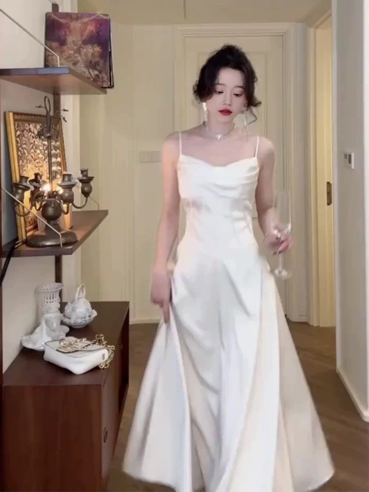 Elegant A Line Spaghetti Straps White Satin Prom Dress Birthday Outfits