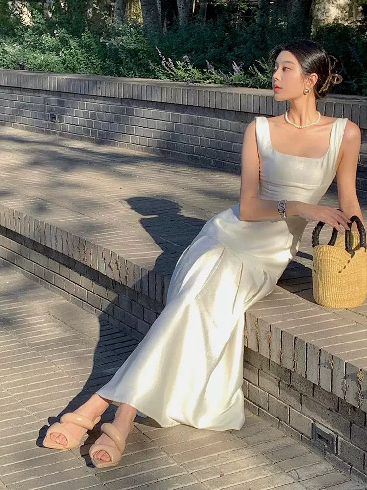 Vintage Mermaid Square Neckline White Sleeveless Satin Prom Dresses Birthday Party Dress