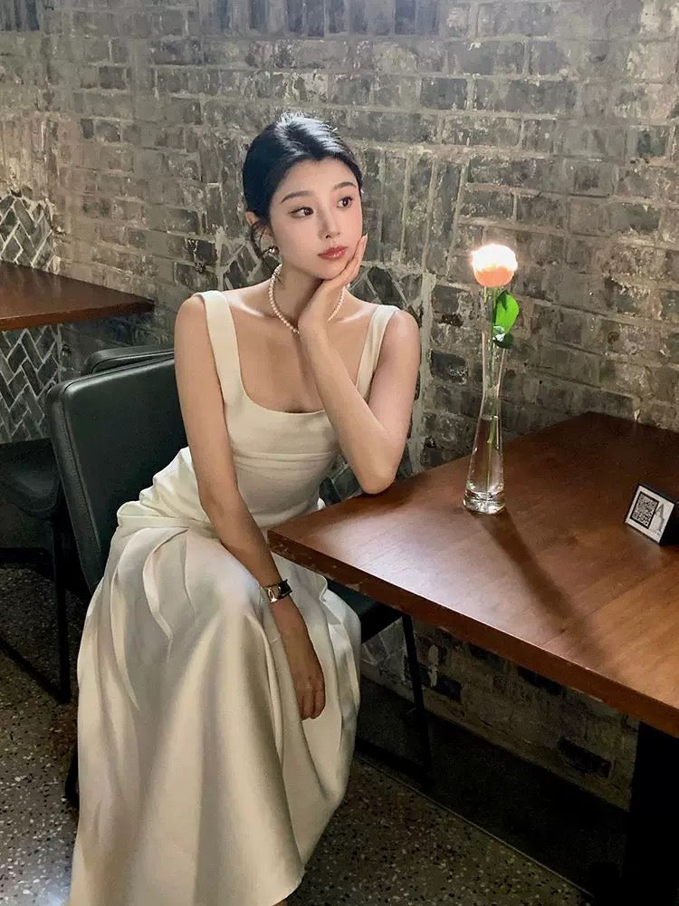 Vintage Mermaid Square Neckline White Sleeveless Satin Prom Dresses Birthday Party Dress