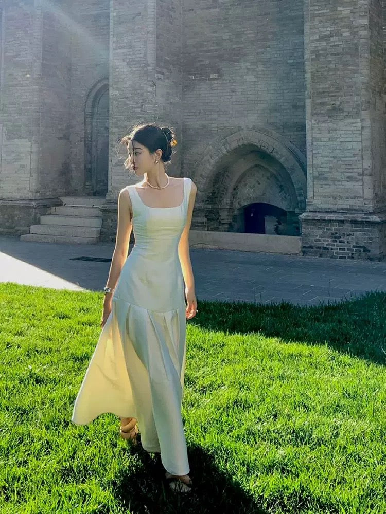 Vintage Mermaid Square Neckline White Sleeveless Satin Prom Dresses Birthday Party Dress