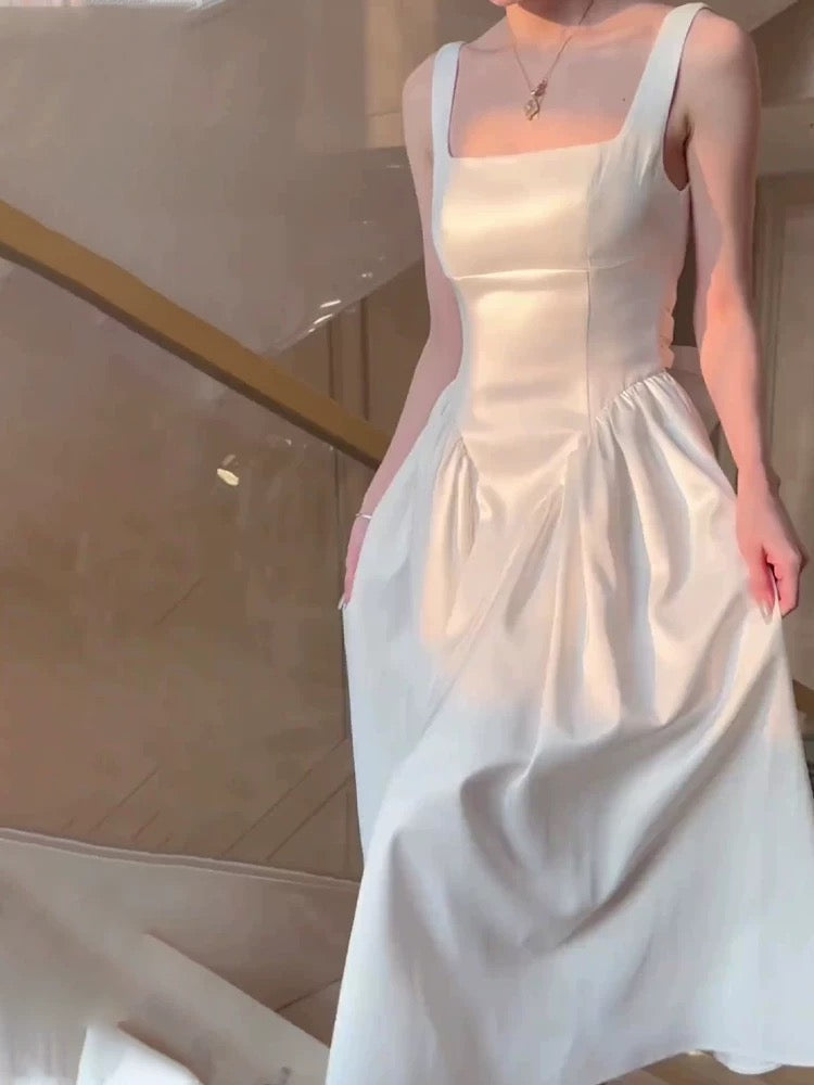 Vintage A Line Square Neckline White Sleeveless Satin Prom Dresses Birthday Party Dress