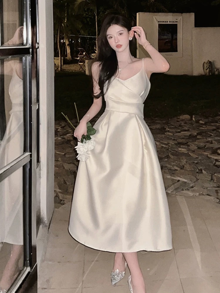 Vintage A Line Spaghetti Straps Satin Ivory Sleeveless Prom Dresses Birthday Party Dress