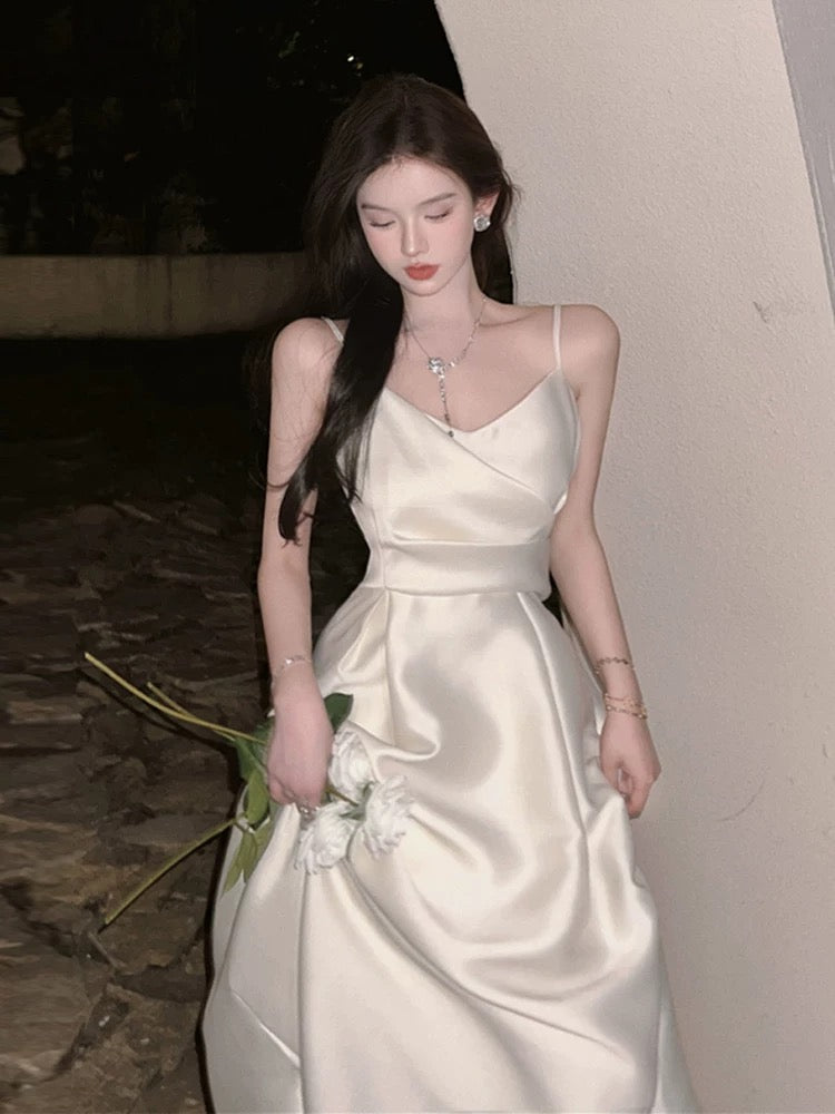 Vintage A Line Spaghetti Straps Satin Ivory Sleeveless Prom Dresses Birthday Party Dress