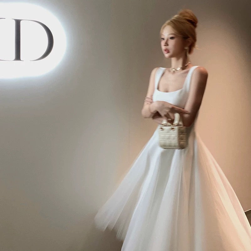 Vintage A Line Straps Tulle White Sleeveless Prom Dresses Birthday Party Dress