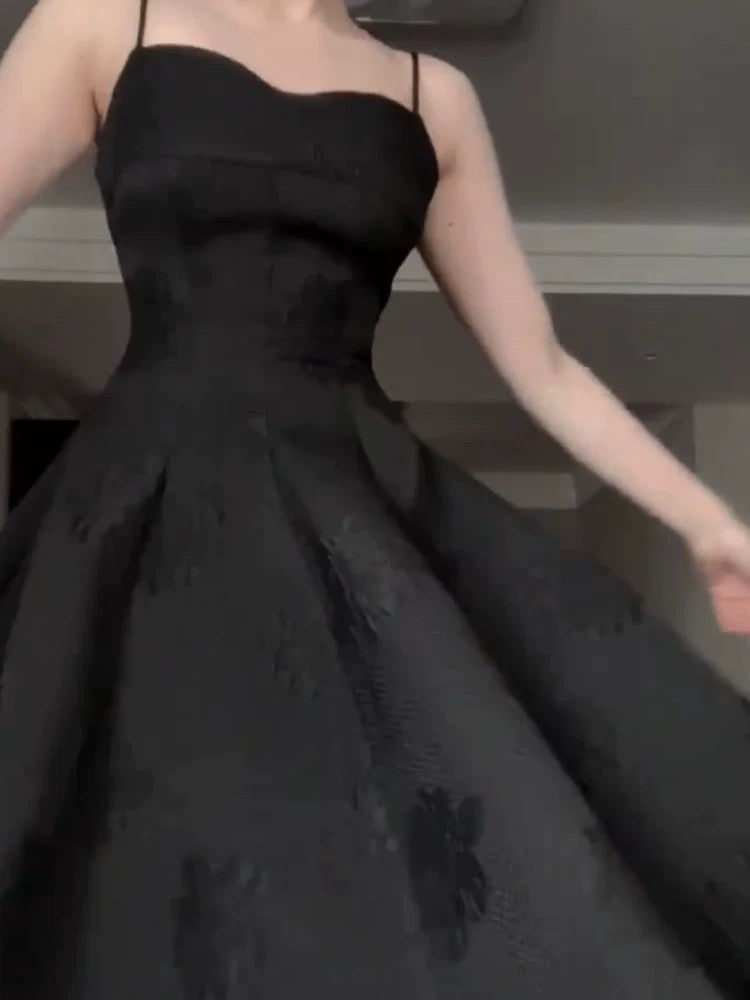 Vintage A Line Spaghetti Straps Satin Black Sleeveless Prom Dresses Birthday Party Dress