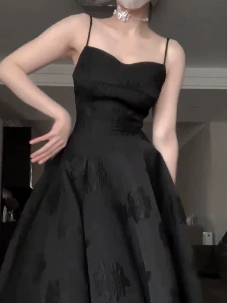 Vintage A Line Spaghetti Straps Satin Black Sleeveless Prom Dresses Birthday Party Dress