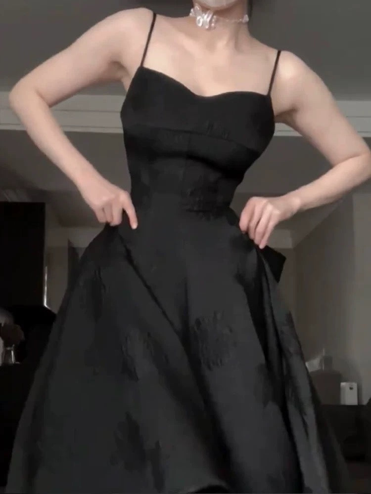 Vintage A Line Spaghetti Straps Satin Black Sleeveless Prom Dresses Birthday Party Dress
