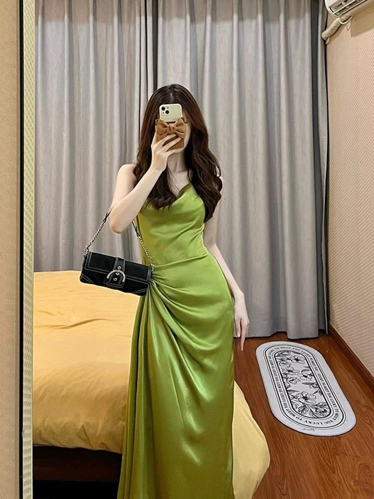 Pretty Sheath Spaghetti Straps Green Satin Long Evening Dress Prom Dresses With Ruffles