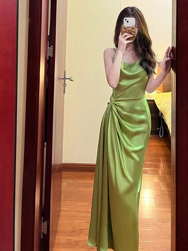 Pretty Sheath Spaghetti Straps Green Satin Long Evening Dress Prom Dresses With Ruffles