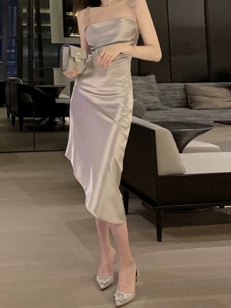 Pretty Sheath Spaghetti Straps Satin Evening Dress Prom Dresses With Ruffles