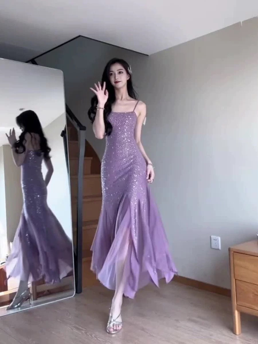 Pretty Mermaid Spaghetti Straps Chiffon Evening Dress Prom Dresses With Beads