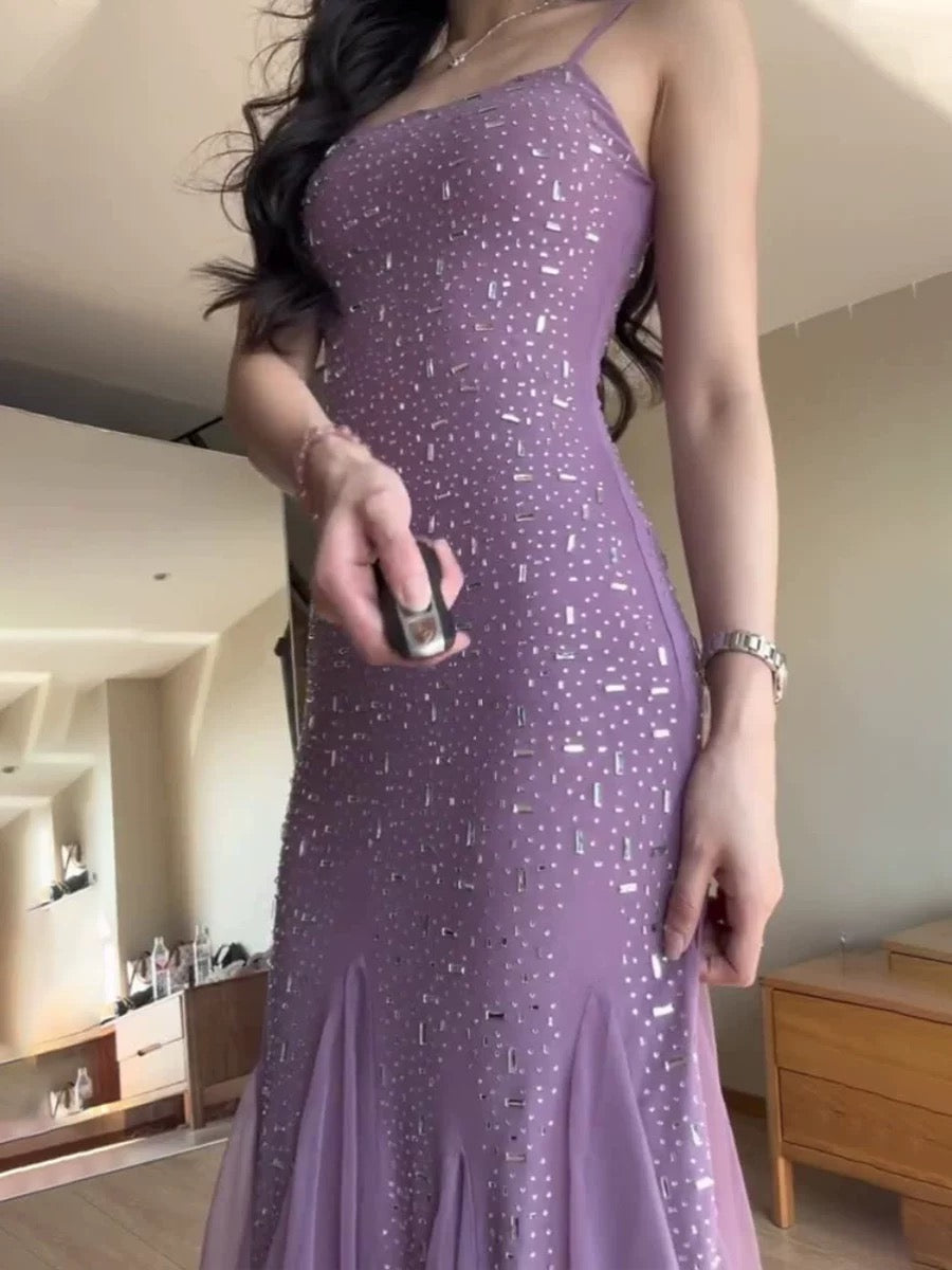 Pretty Mermaid Spaghetti Straps Chiffon Evening Dress Prom Dresses With Beads