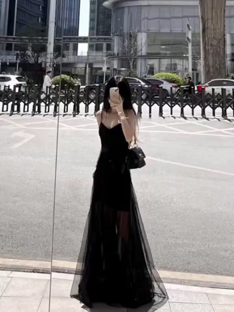 Vintage A Line Spaghetti Straps Black Chiffon Long Evening Dress Prom Dresses