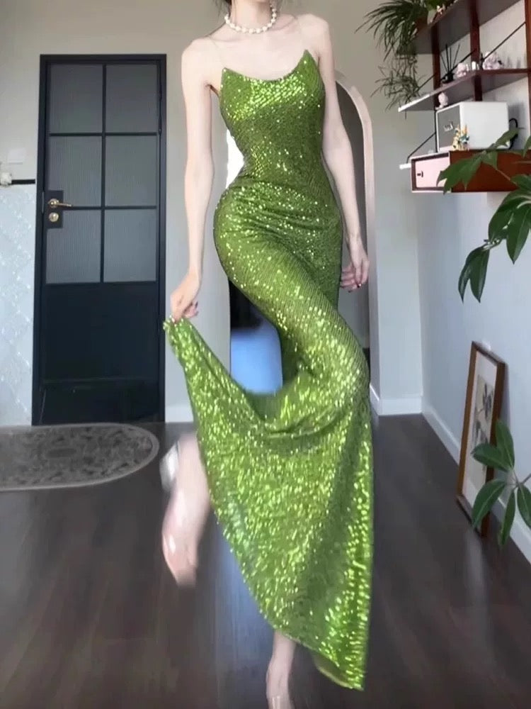 Vintage Sheath Spaghetti Straps Green Sequin Long Evening Dress Prom Dresses