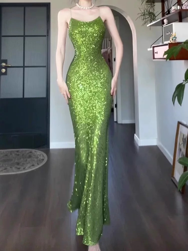 Vintage Sheath Spaghetti Straps Green Sequin Long Evening Dress Prom Dresses