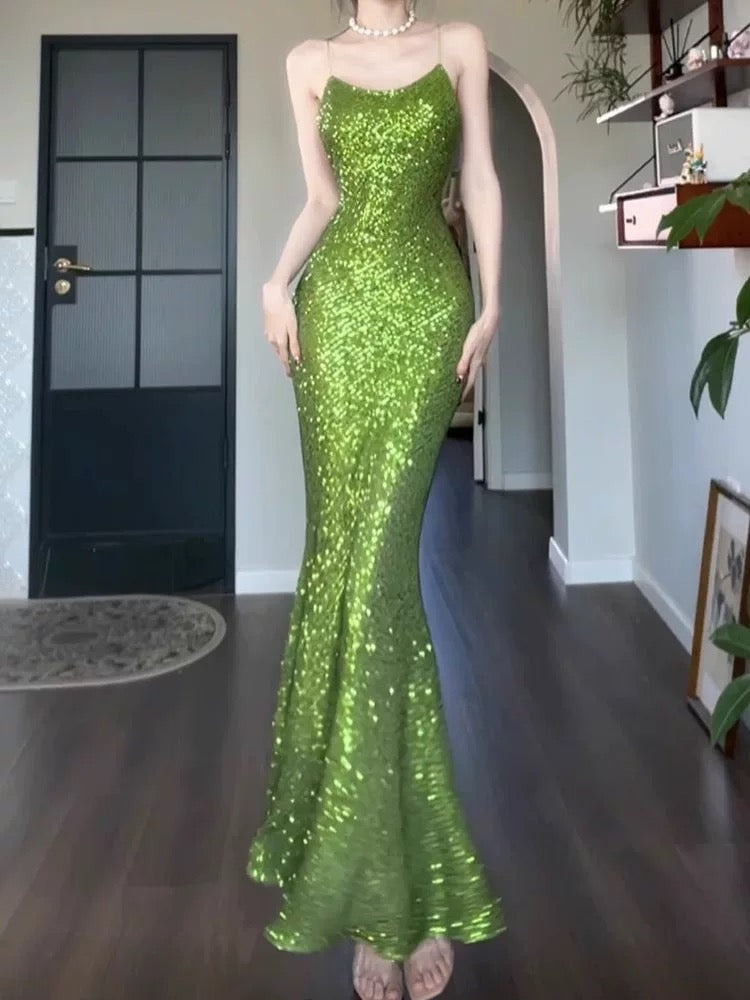 Vintage Sheath Spaghetti Straps Green Sequin Long Evening Dress Prom Dresses