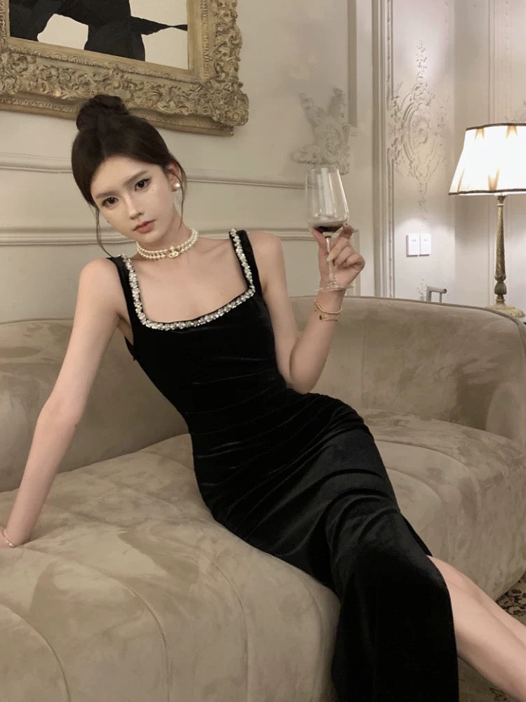 Vintage Sheath Straps Black Velvet Long Evening Dress Prom Dresses