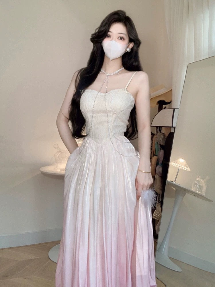 Vintage A Line Spaghetti Straps Ombre Pink Long Evening Dress Prom Dresses