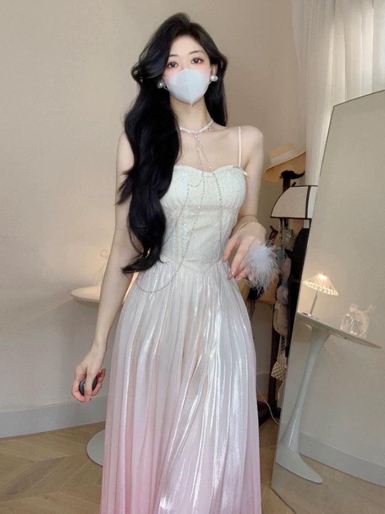 Vintage A Line Spaghetti Straps Ombre Pink Long Evening Dress Prom Dresses