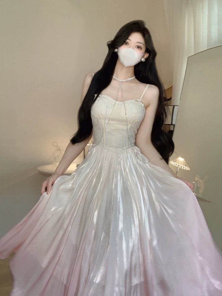 Vintage A Line Spaghetti Straps Ombre Pink Long Evening Dress Prom Dresses