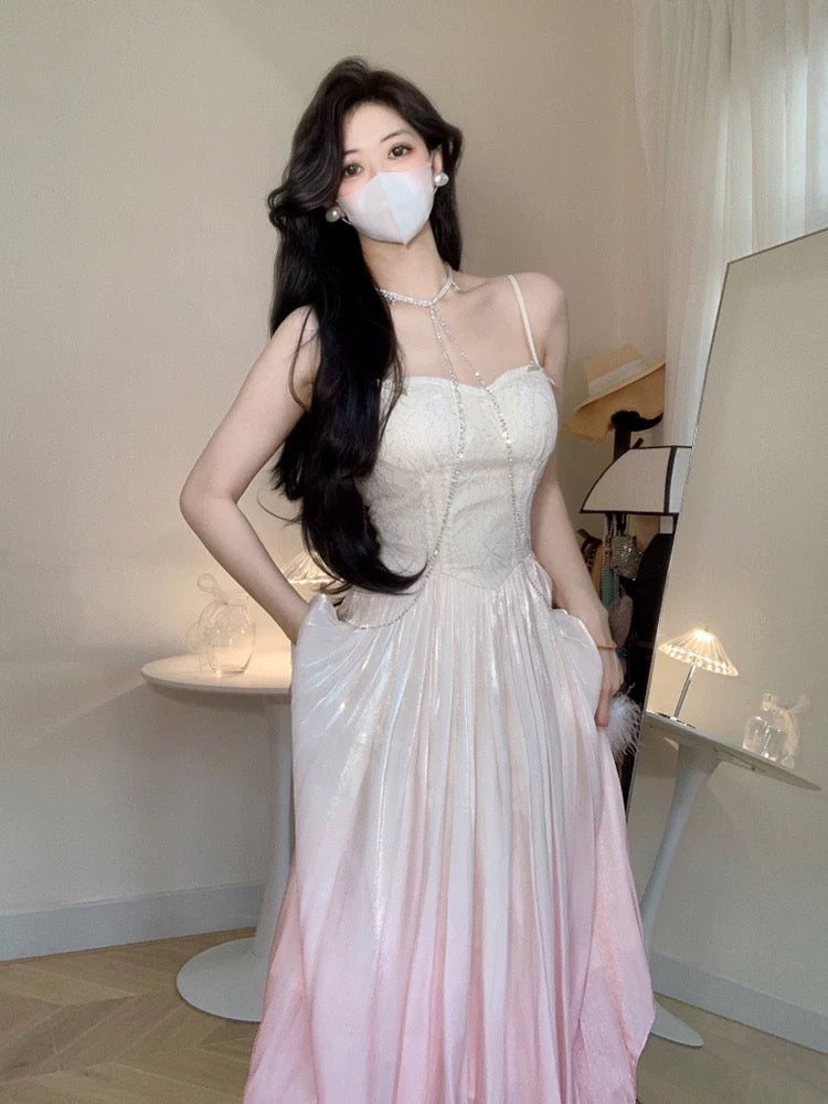 Vintage A Line Spaghetti Straps Ombre Pink Long Evening Dress Prom Dresses