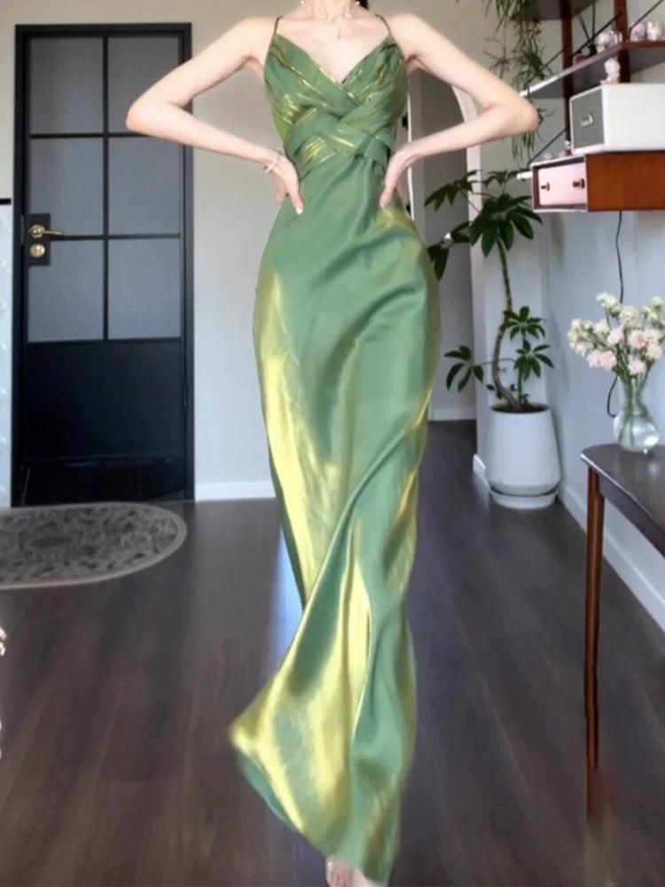 Vintage Sheath Spaghetti Straps Green Chiffon Long Evening Dress Prom Dresses