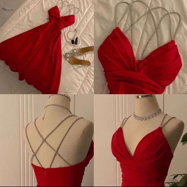 Vintage A Line Straps Red Satin Beading Evening Dress Prom Dresses