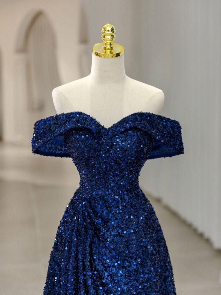 Vintage A line Off The Shoulder Royal Blue Sequin Long Evening Dress Prom Dresses