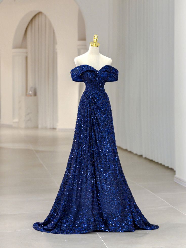 Vintage A line Off The Shoulder Royal Blue Sequin Long Evening Dress Prom Dresses