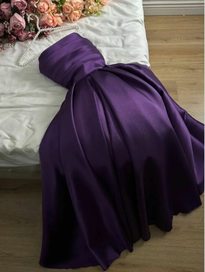 Pretty A Line Strapless Grape Satin Evening Dress Prom Dresses With Ruffles