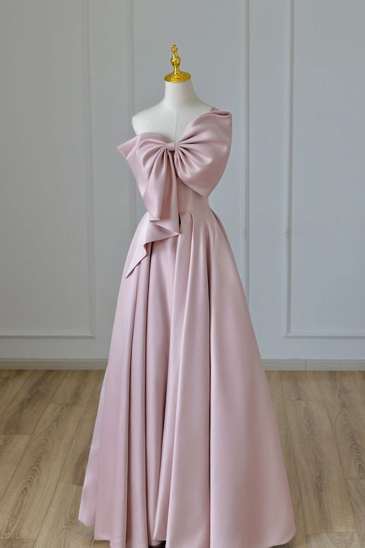 Pretty A line One Shoulder Pink Satin Evening Dress Prom Dresses With Bow