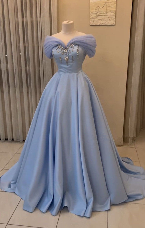Pretty Ball Gown Off The Shoulder Blue Long Prom Dress Evening Dress With Beads