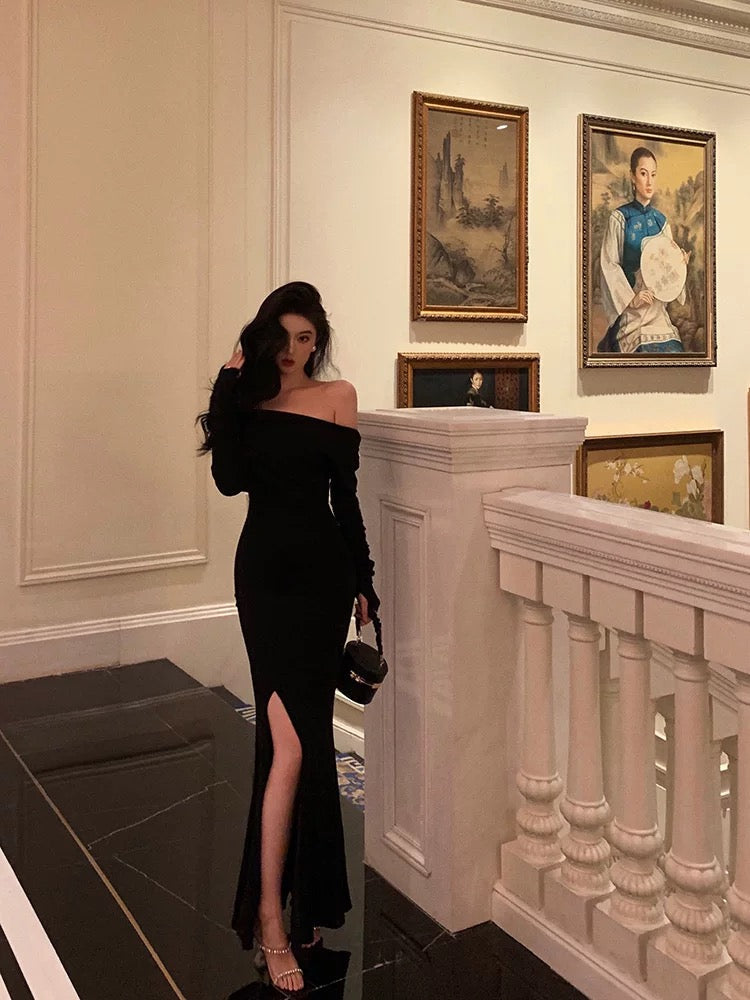 Sexy Sheath Off The Shoulder Black Slit Long Sleeves Prom Dresses Birthday Outfits
