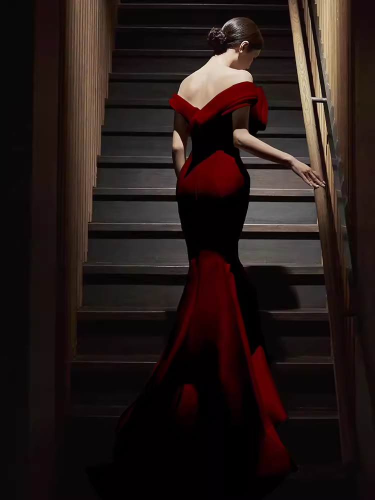 Sexy Mermaid Off The Shoulder Satin Long Burgundy Prom Dresses C36