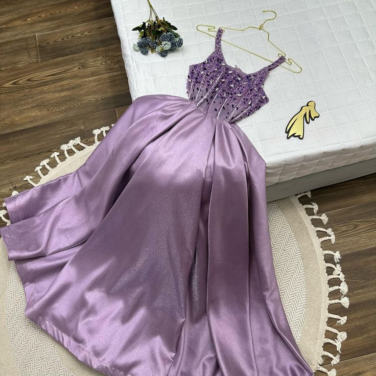 Pretty A Line Spaghetti Straps Lilac Satin Long Prom Dress Evening Dresses