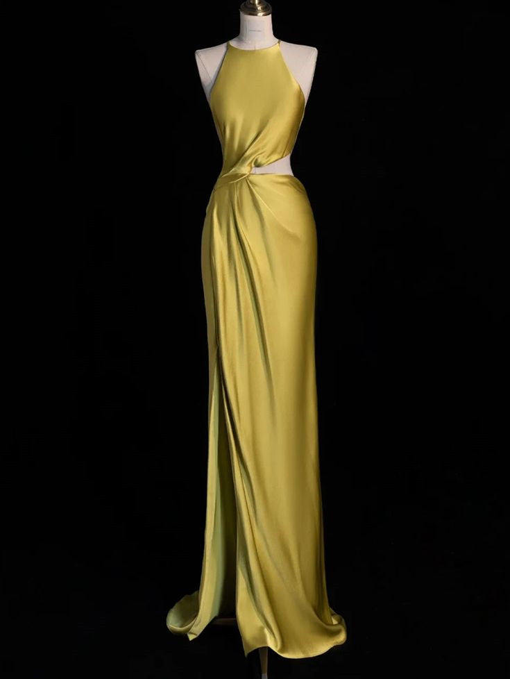 Sexy A line Boat Neckline Gold Satin Prom Dresses Party Evening Dress